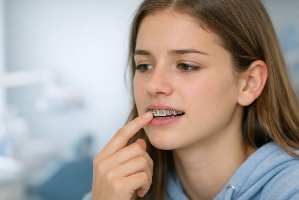 Teenage patient with metal braces gently touching a loose orthodontic bracket inside a modern orthodontic office